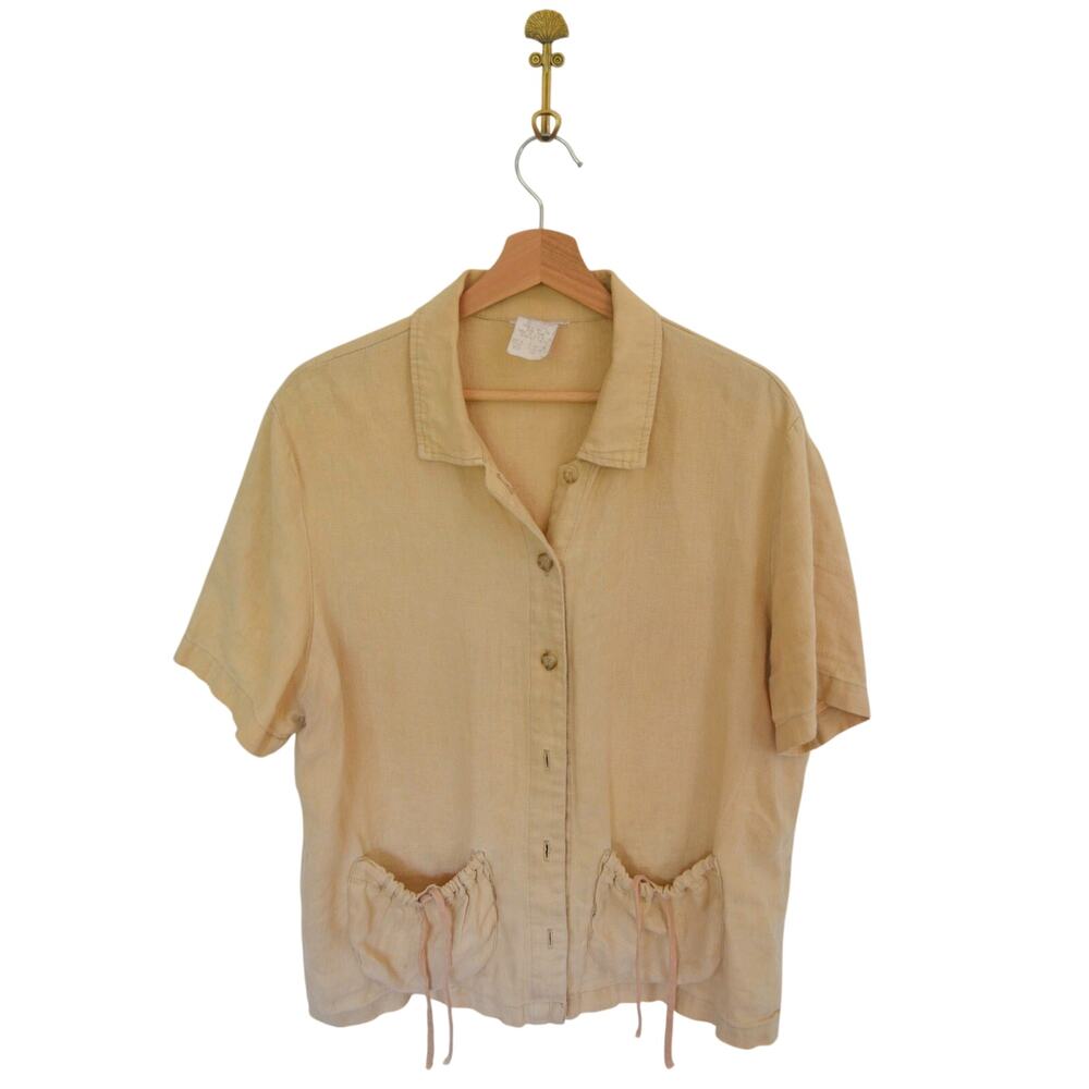 Tan Linen Short Sleeve Top Drawstring Pockets